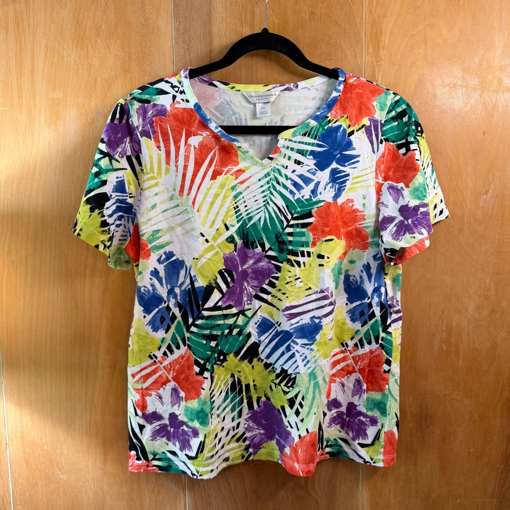 Christopher & Banks Petite XL Tropical Floral Palm Print Notch Neck T-Shirt PXL